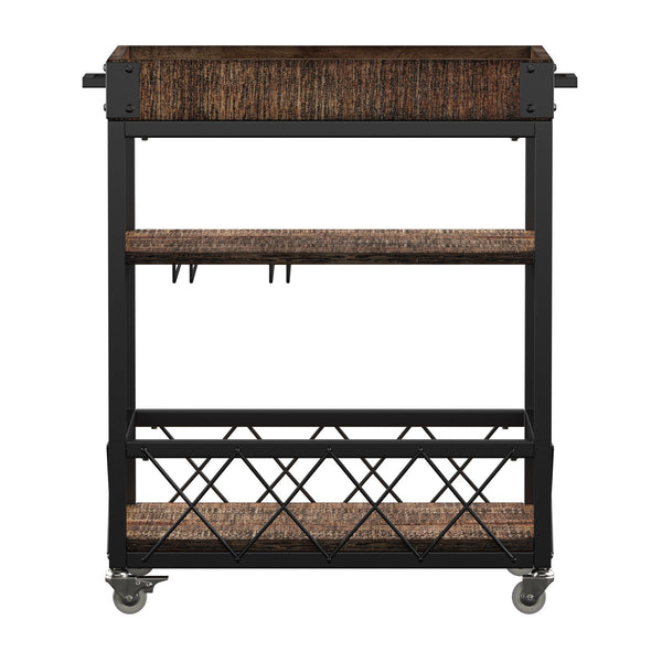 Homelegance Eastfield Industrial Bar Cart Poplar Wood Shelves Wine Racks and Swivel Wheels Brown / Black 3228BR-07