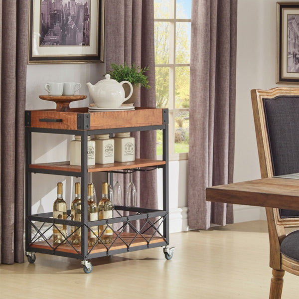 Eastfield Industrial Bar Cart Poplar Wood Shelves Wine Racks and Swivel Wheels