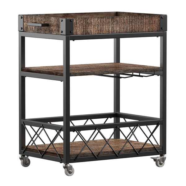 Eastfield Industrial Bar Cart Poplar Wood Shelves Wine Racks and Swivel Wheels