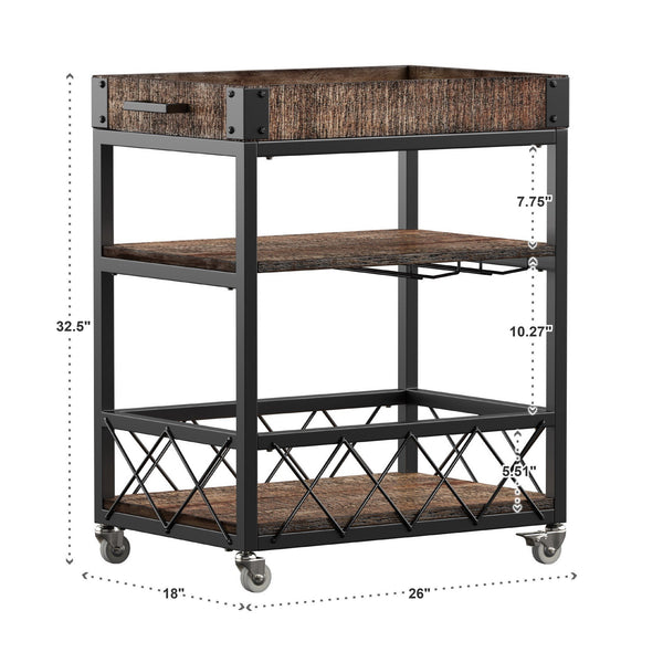 Eastfield Industrial Bar Cart Poplar Wood Shelves Wine Racks and Swivel Wheels