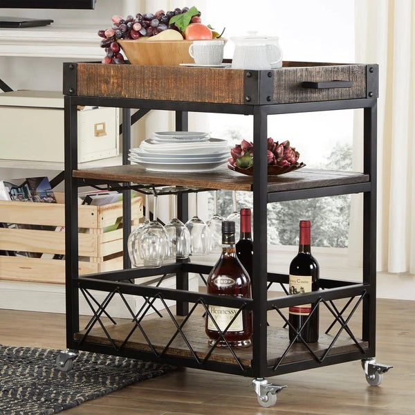 Eastfield Industrial Bar Cart Poplar Wood Shelves Wine Racks and Swivel Wheels