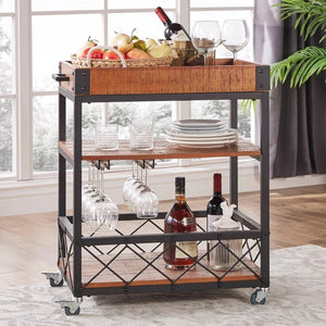 Eastfield Industrial Bar Cart Poplar Wood Shelves Wine Racks and Swivel Wheels