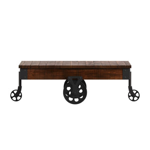 Homelegance Planked Wood and Black Metal Coffee Table with Rolling Wheels for Living Room 3228BR-30