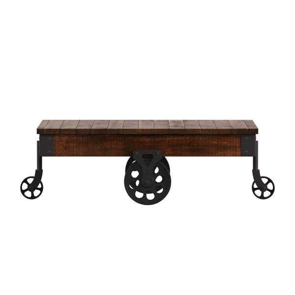 Homelegance Planked Wood and Black Metal Coffee Table with Rolling Wheels for Living Room 3228BR-30