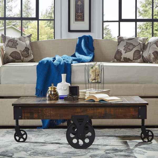 Planked Wood and Black Metal Coffee Table with Rolling Wheels for Living Room