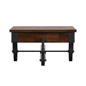 Planked Wood and Black Metal Coffee Table with Rolling Wheels for Living Room