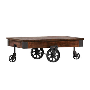 Planked Wood and Black Metal Coffee Table with Rolling Wheels for Living Room