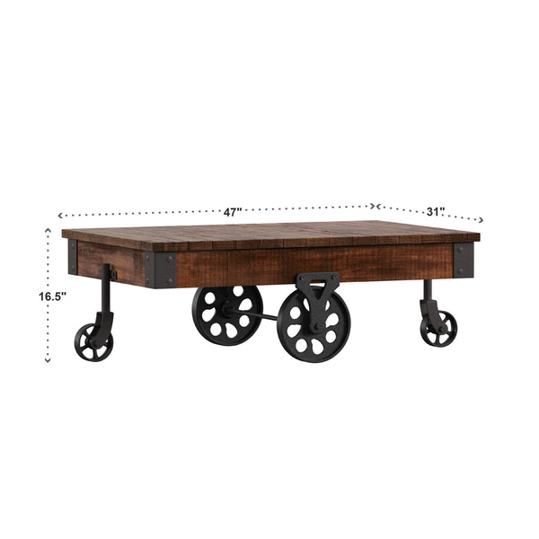 Planked Wood and Black Metal Coffee Table with Rolling Wheels for Living Room