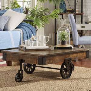 Planked Wood and Black Metal Coffee Table with Rolling Wheels for Living Room