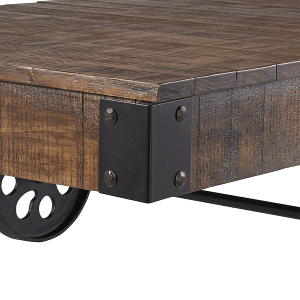 Planked Wood and Black Metal Coffee Table with Rolling Wheels for Living Room