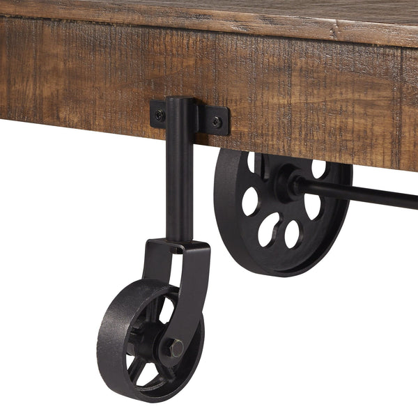 Planked Wood and Black Metal Coffee Table with Rolling Wheels for Living Room