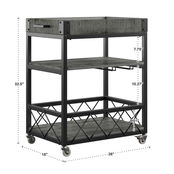 Eastfield Industrial Bar Cart Poplar Wood Shelves Wine Racks and Swivel Wheels