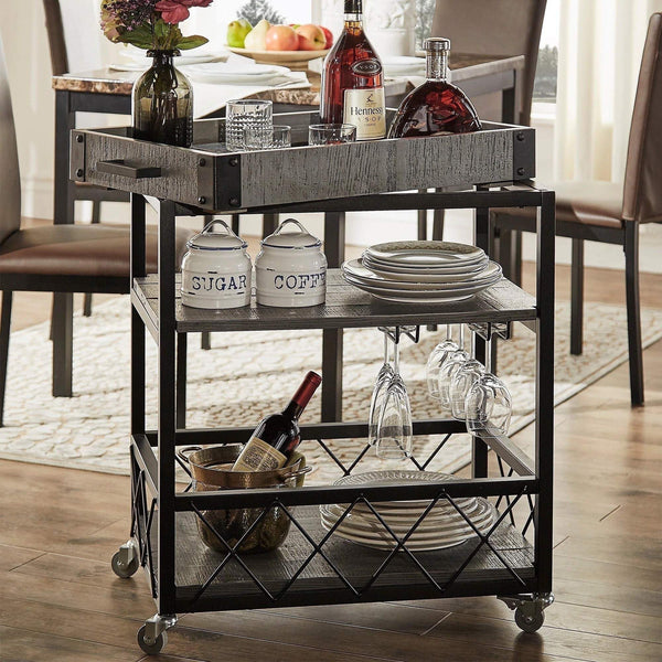 Eastfield Industrial Bar Cart Poplar Wood Shelves Wine Racks and Swivel Wheels