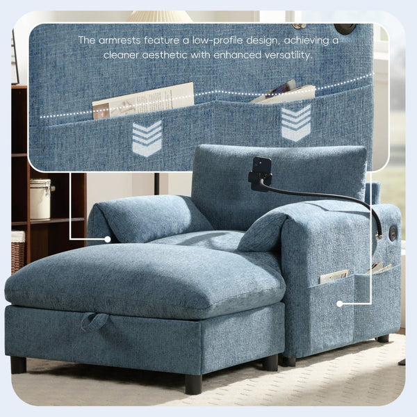 English Elm 37" Oversized Chenille Armchair with Ottoman Usb Charging Pocket Spring Living Room Blue N723P387145C