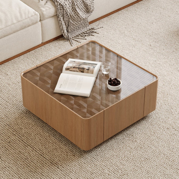 English Elm 31.5-inch Square Walnut Coffee Table Tempered Glass Top with Hidden Storage Drawers W2263P458486