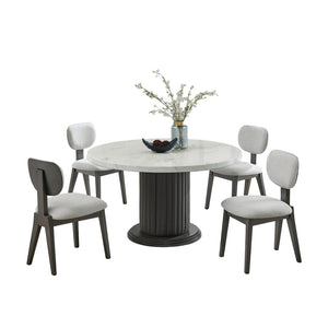 English Elm Venezia Round Faux Marble Pedestal Dining Set Seats Six with Upholstered Fabric Chairs B2749S00329