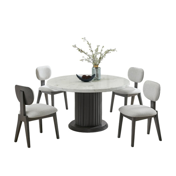 English Elm Venezia Round Faux Marble Pedestal Dining Set Seats Six with Upholstered Fabric Chairs B2749S00329