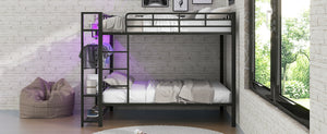 English Elm Full Size Metal Bunk Bed With Led Lighting, Storage Shelves & Hooks - Stylish Space Saver For Teens N7090000667B