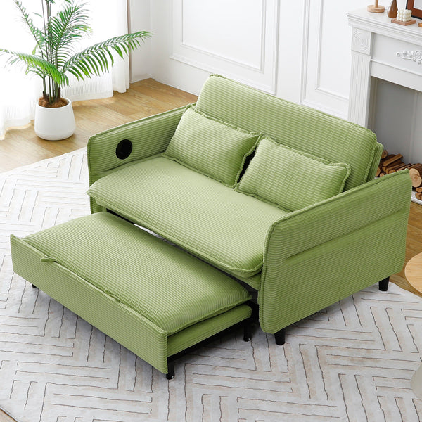 English Elm 65.74-inch convertible letter sofa bed with adjustable armrests, pull-out extension, cup holders, durable frame and plush sponge cushions Green W3371P311474