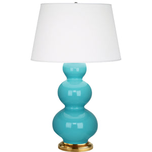 Robert Abbey Egg Blue Triple Gourd Table Lamp Egg Blue Glazed Ceramic with Antique Natural Brass Finished Accents Pearl Dupioni Fabric Shade