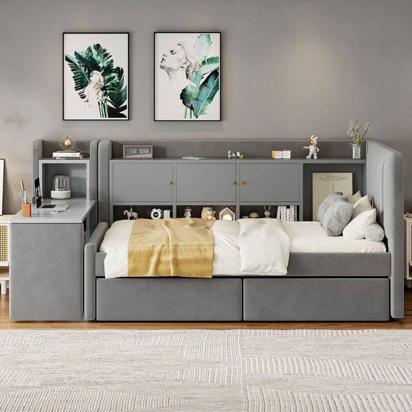 English Elm Twin Upholstered Daybed with Velvet Finish, High Back Shelves, Flip Cabinets, Drawers & Side Table Gray SF000196AAE