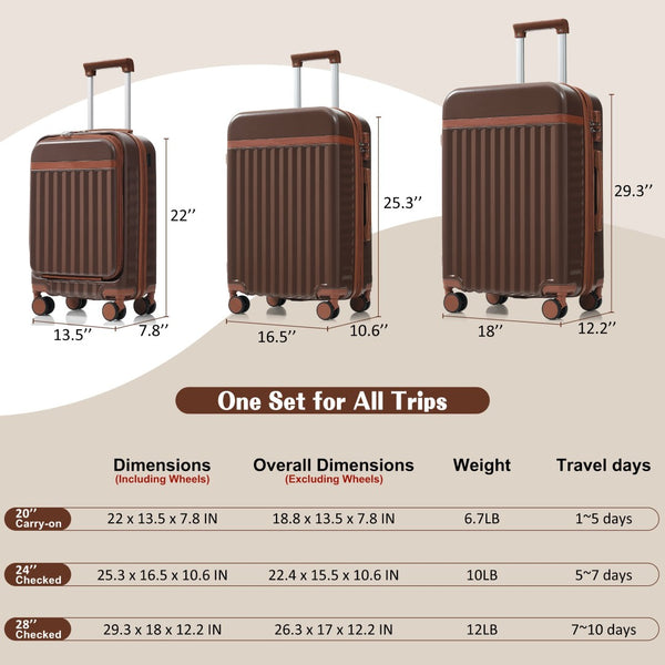 English Elm Luggage 3 Piece Abs Hard Shell Set with Usb Port Front Access and Spinner Wheels Brown N726P307555B