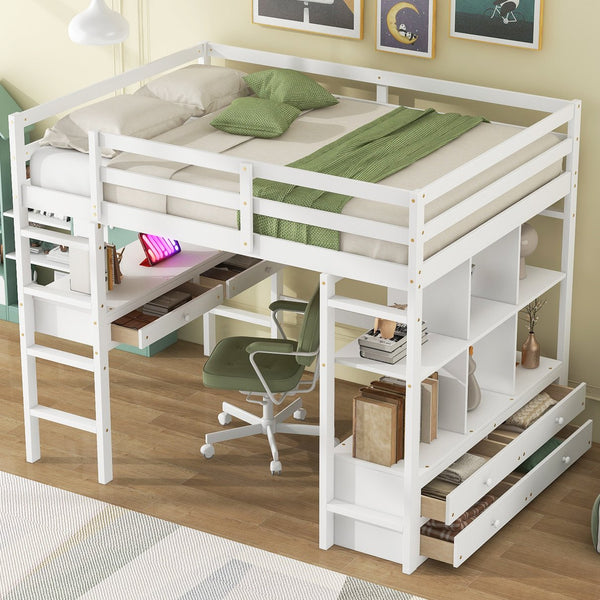 English Elm Full Loft Bed with Built-in Desk, 4 Drawers, 6 Shelves, Pine/MDF White — Space-Saving Study Loft SM000320AAK