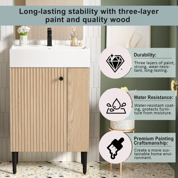 English Elm 21.6" Wood Bathroom Vanity with Ceramic Sink, Right Side Storage, Gold Legs, Soft-Close Doors, Modern SV000006AAD