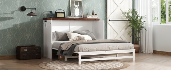 English Elm Murphy Cabinet Queen Bed Solid Pine Frame with Built-in Charging Station for Guest Rooms White+Walnut W504S00193
