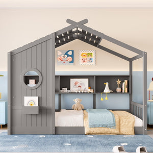 English Elm Twin House Floor Bed for Kids Montessori Playhouse with Roof, Built-In Shelf, Sturdy Pine Frame, Safeologna Gray 78.6 L x 16.6 W x 6.85 H N733P335064E