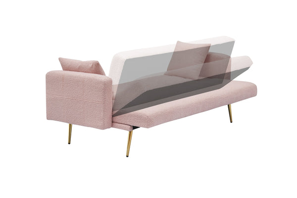 English Elm 71.7 Cozy Teddy Fleece Sofa Bed with 2 Plush Throw Pillows, 3-Seater Convertible Sleeper, 500lb Capacity Pink W3356P298512