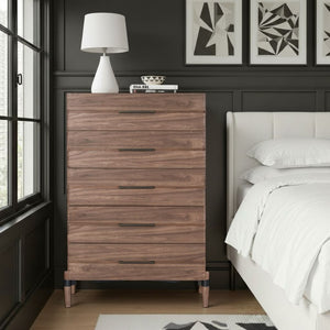 English Elm Tranquility Five Drawer Walnut Veneer Chest with Mid-century Legs and Bronze Hardware B108P411444
