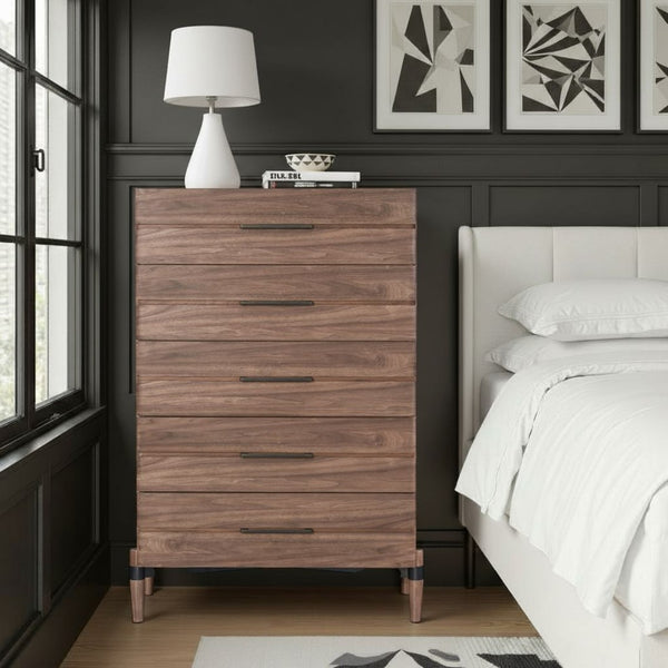 English Elm Tranquility Five Drawer Walnut Veneer Chest with Mid-century Legs and Bronze Hardware B108P411444