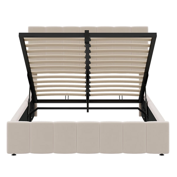 English Elm Full Size Linen Upholstered Platform Bed with Hydraulic Lift Storage and Foam Headboard N708P201551A