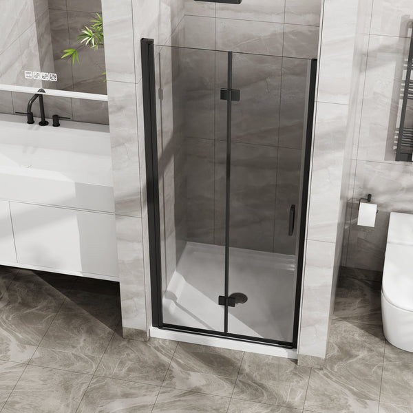 English Elm Goodyo 34"X72" Frameless Bi-Fold Glass Shower Door Combo With White Acrylic Base & Black Finish W1223S00022