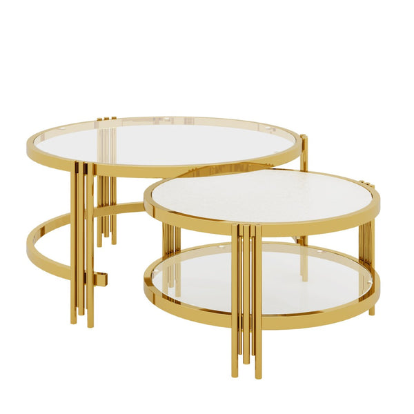 English Elm Modern Nesting Coffee Table Set Textured Tempered Glass Gold Tripod Base Living Room N735P354005A