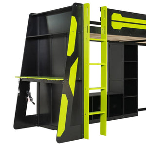 English Elm L-shaped Gaming Loft Bunk Bed Twin Wood Frame Rgb Lighting Usb Ports Storage Shelves Green LT000295AAG