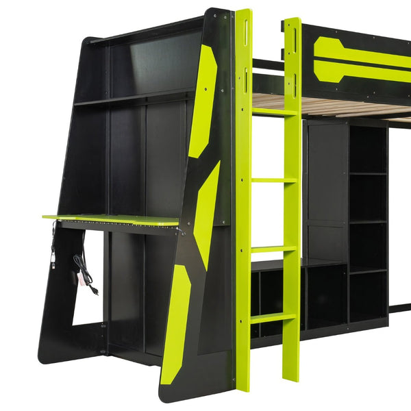 English Elm L-shaped Gaming Loft Bunk Bed Twin Wood Frame Rgb Lighting Usb Ports Storage Shelves Green LT000295AAG