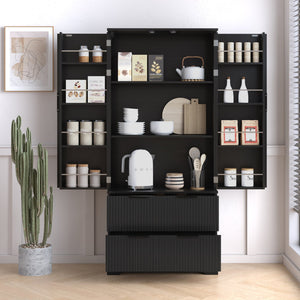English Elm 72" Modern Fluted Pantry Cabinet with 2 Large Silent Drawers, 8-Door Spice Rack & Adjustable Shelf Organizer Black W2917P294988