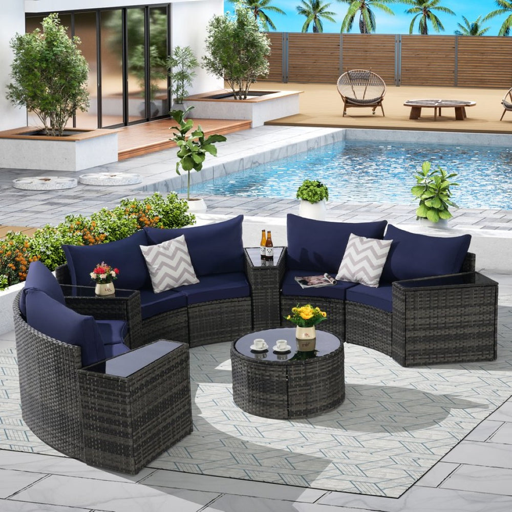 English Elm Outdoor Patio Furniture 11-Piece Half-Moon Sectional Set With Round Table - Stylish & Durable Comfort W874S00049-GIGA