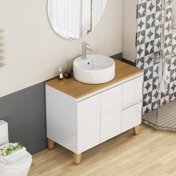 English Elm 36-inch Glossy White Bathroom Vanity with Ceramic Sink Soft Close Drawers Minimalist W3151S00071