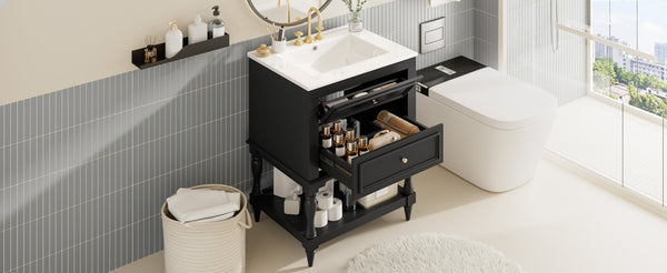 English Elm 24'' Retro Bathroom Vanity Mdf Cabinet with Ceramic Sink Open Shelf and 2 Drawers Black N710P405414B