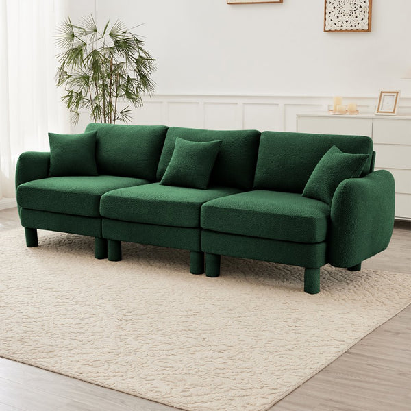 English Elm Boucle 3-Seater Plush Sofa With Elegant Shell Armrests And Wrapped Cylindrical Legs In Green W3041S00308