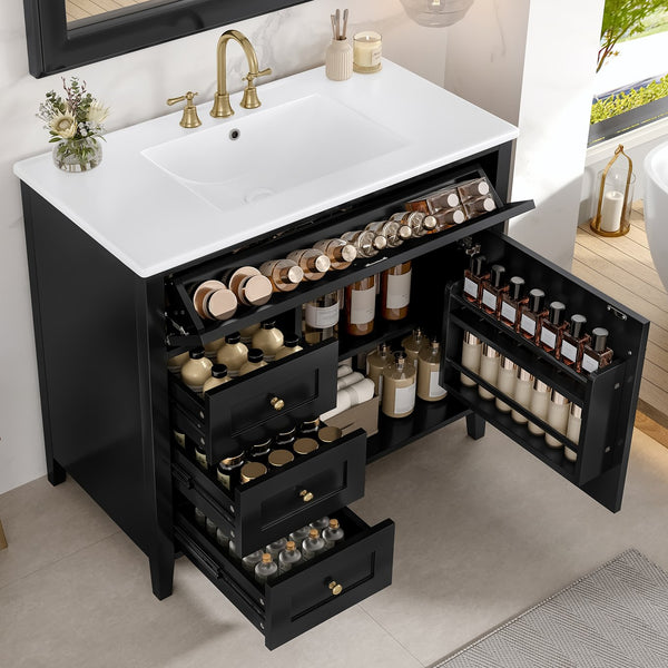 English Elm 36-Inch Black Bathroom Vanity With Sink – Modern Design, 3 Drawers, Adjustable Shelf For Storage N725P350821B
