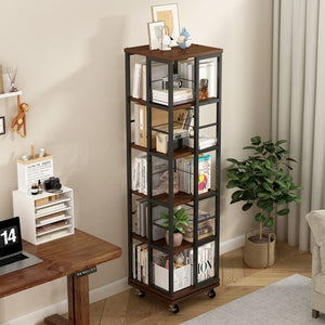English Elm 5 Tier Rotating Corner Bookcase Rustic Brown Steel Wood Spinning Floor Shelf W2641P399191