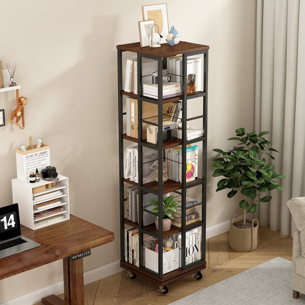 English Elm 5 Tier Rotating Corner Bookcase Rustic Brown Steel Wood Spinning Floor Shelf W2641P399191