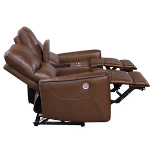 English Elm Denson Saddle Brown Power Reclining Loveseat with Console, Cup Holders & Easy-Care Leatherette Comfort B062P353262
