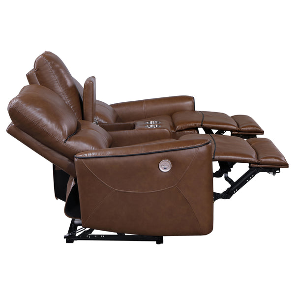 English Elm Denson Saddle Brown Power Reclining Loveseat with Console, Cup Holders & Easy-Care Leatherette Comfort B062P353262