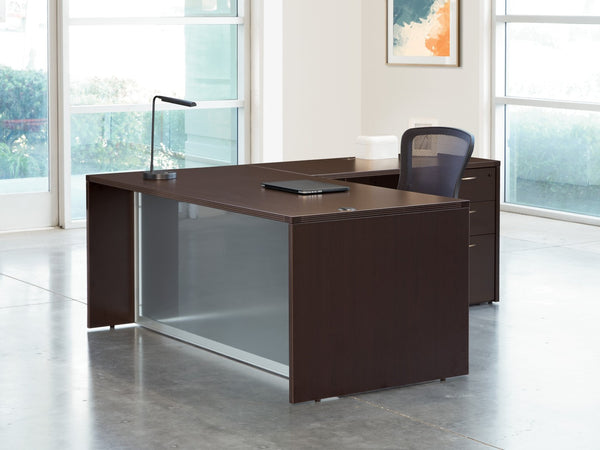 OSP Home Furnishings L-shape Corner Desk with Glass Modesty Panel for Executive and Home Office Use Espresso NAPESP-TYP29G