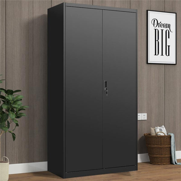 English Elm Black Steel Lockable Wardrobe with Hanging Rod Adjustable Shelves for Organized Storage Black W1247P372607
